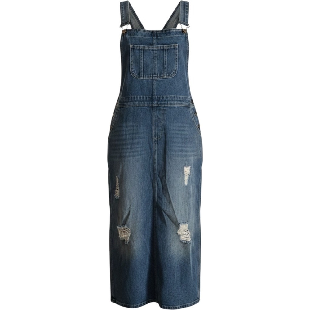 Madepants Denim Overall Dress XL Medium Wash Distressed Cotton Midi Pinafore